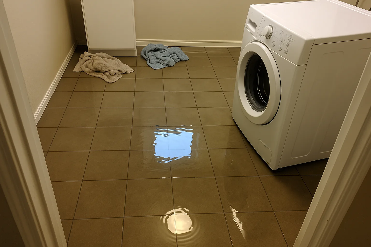 Emergency plumber working under a kitchen sink during a burst pipe incident, with water damage visible on surrounding cabinets